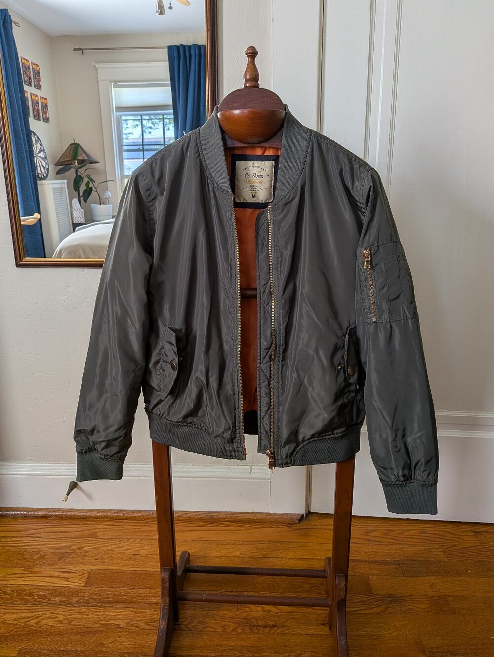 Bomber Jacket in Olive with Orange Lining